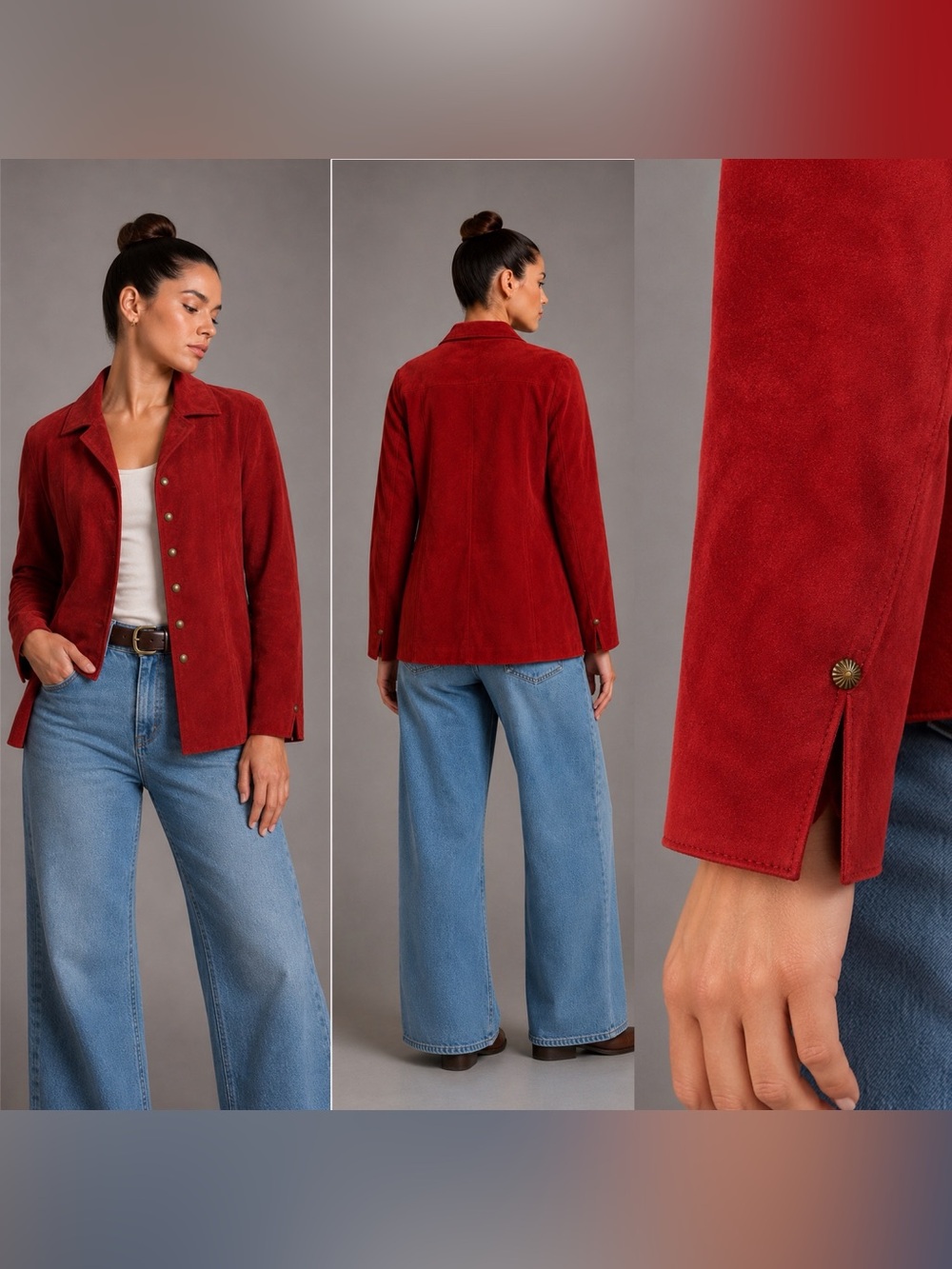 Live A Little Vintage Red Suede Leather Jacket Western Y2K Boho Snap Front Large
